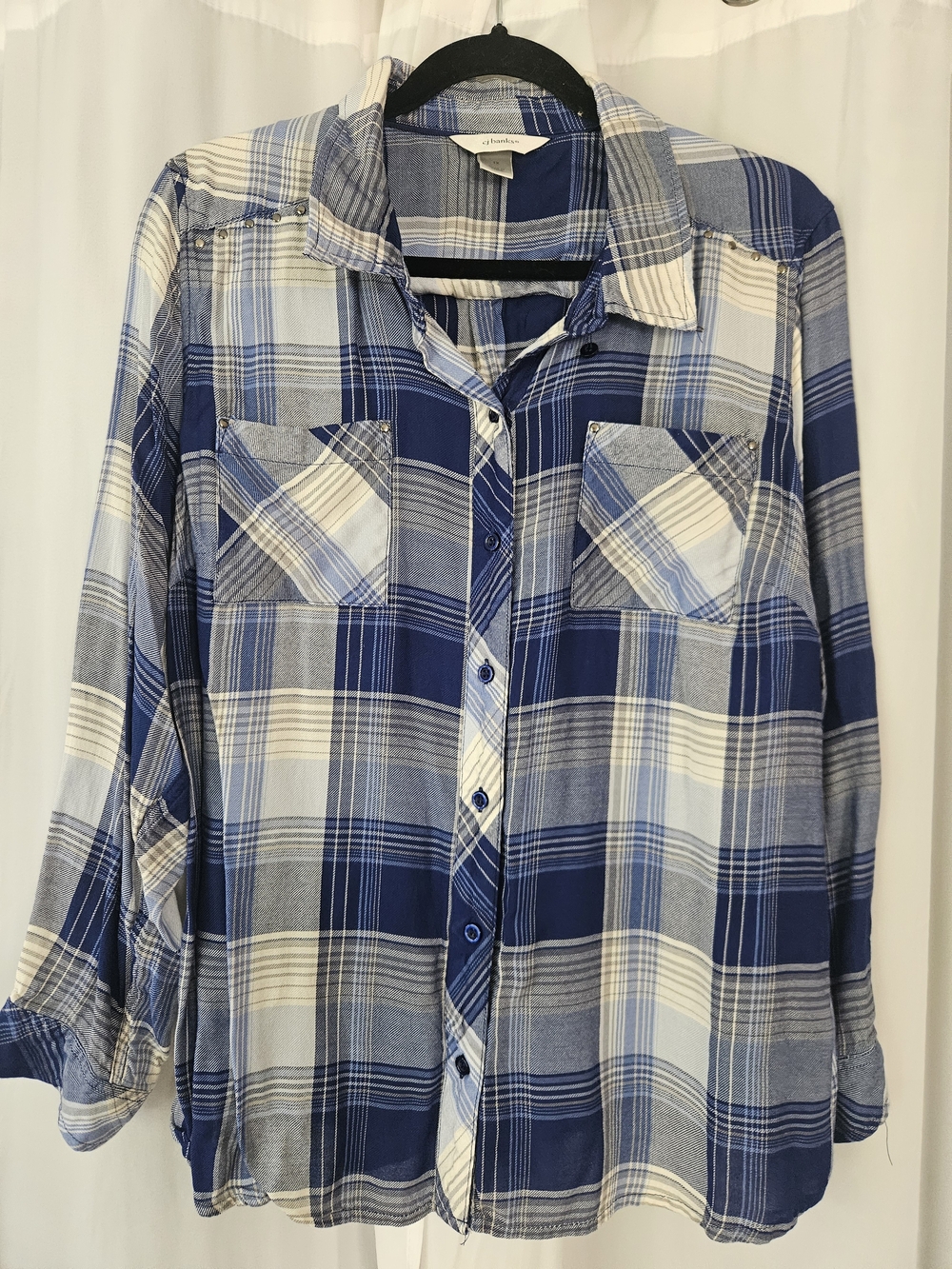CJ Banks Women's Blue and White Plaid Button-Down Shirt - 1X